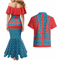 Blue Turkish Traditional Pattern and Red Couples Matching Mermaid Dress and Hawaiian Shirt with National Flag Emblem