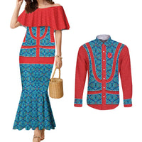Blue Turkish Traditional Pattern and Red Couples Matching Mermaid Dress and Long Sleeve Button Shirt with National Flag Emblem