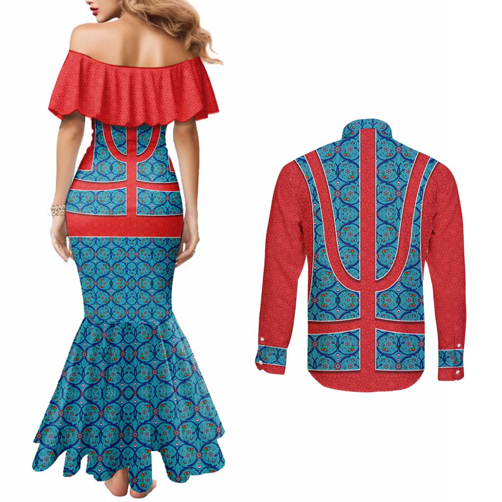 Blue Turkish Traditional Pattern and Red Couples Matching Mermaid Dress and Long Sleeve Button Shirt with National Flag Emblem