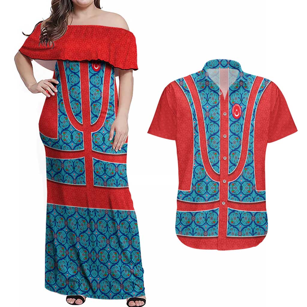 Blue Turkish Traditional Pattern and Red Couples Matching Off Shoulder Maxi Dress and Hawaiian Shirt with National Flag Emblem