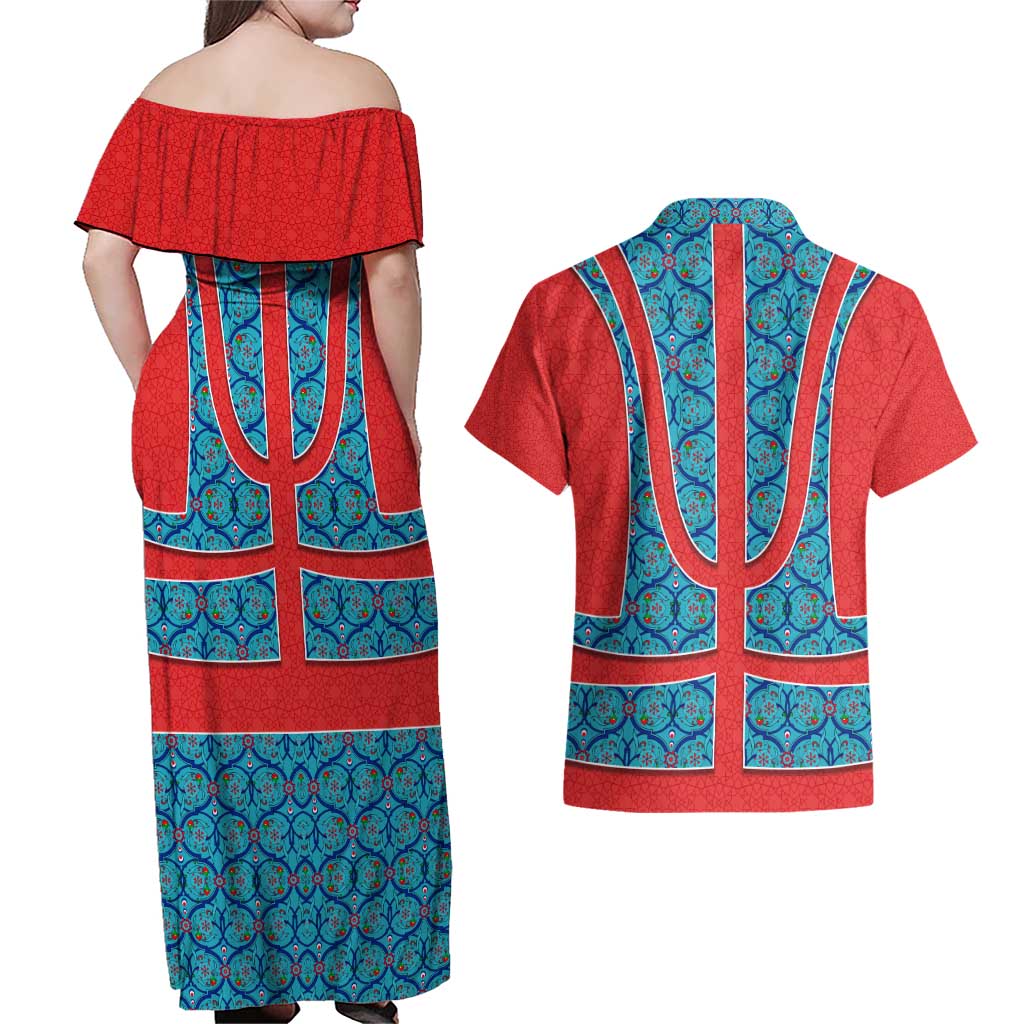 Blue Turkish Traditional Pattern and Red Couples Matching Off Shoulder Maxi Dress and Hawaiian Shirt with National Flag Emblem