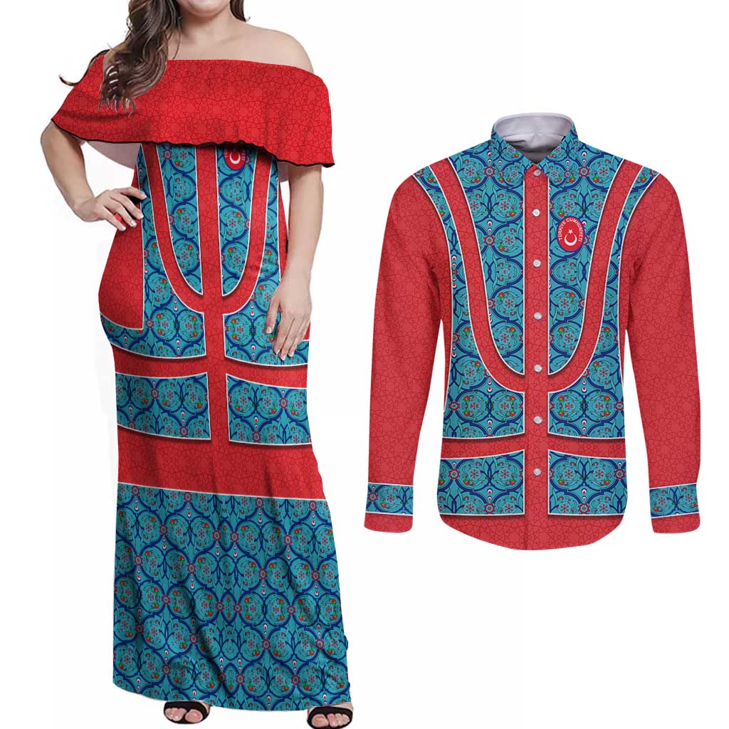Blue Turkish Traditional Pattern and Red Couples Matching Off Shoulder Maxi Dress and Long Sleeve Button Shirt with National Flag Emblem