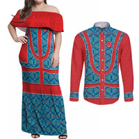 Blue Turkish Traditional Pattern and Red Couples Matching Off Shoulder Maxi Dress and Long Sleeve Button Shirt with National Flag Emblem
