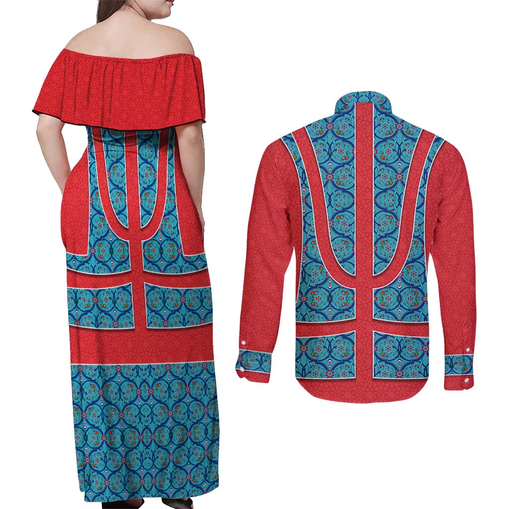 Blue Turkish Traditional Pattern and Red Couples Matching Off Shoulder Maxi Dress and Long Sleeve Button Shirt with National Flag Emblem