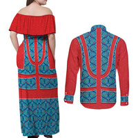 Blue Turkish Traditional Pattern and Red Couples Matching Off Shoulder Maxi Dress and Long Sleeve Button Shirt with National Flag Emblem