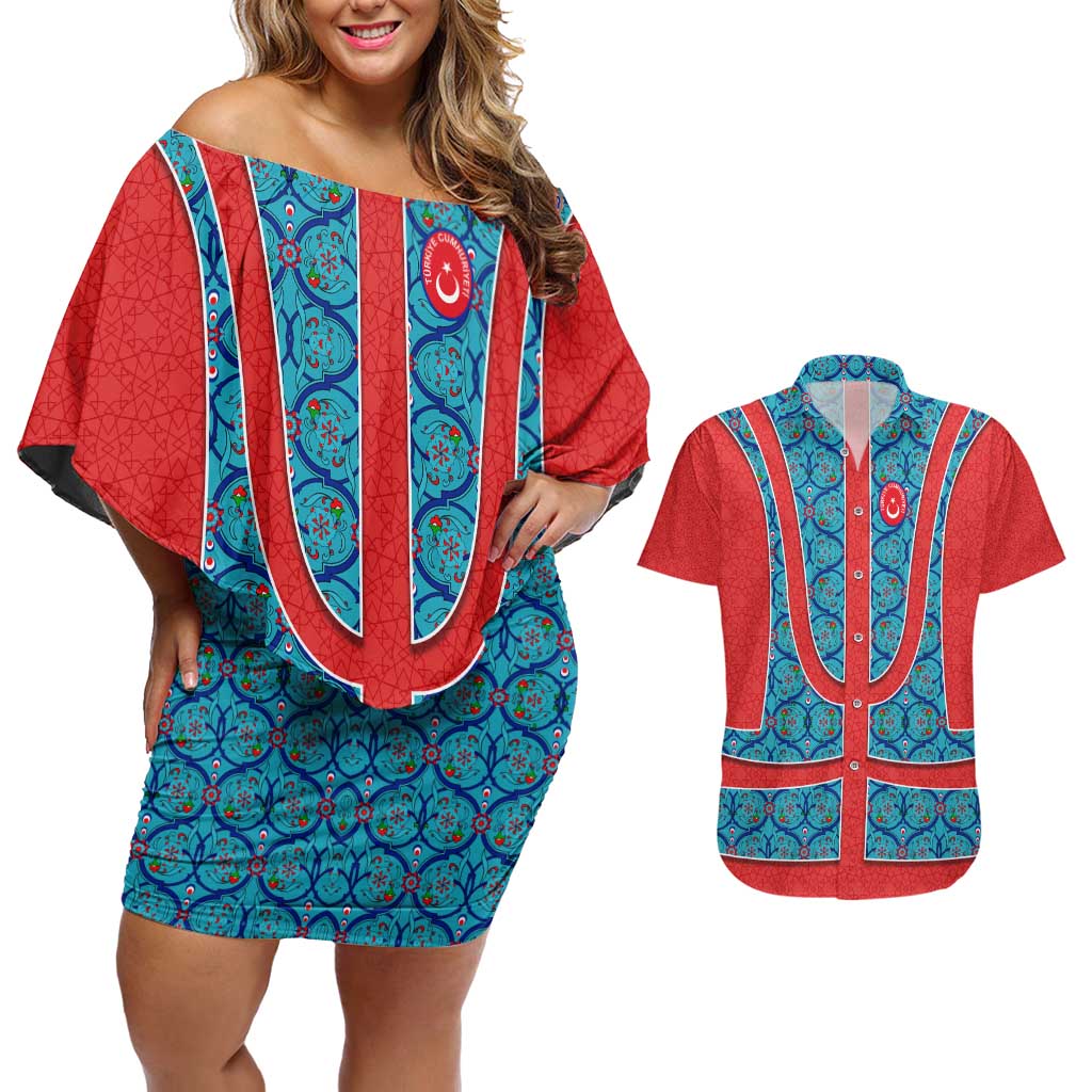 Blue Turkish Traditional Pattern and Red Couples Matching Off Shoulder Short Dress and Hawaiian Shirt with National Flag Emblem
