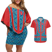 Blue Turkish Traditional Pattern and Red Couples Matching Off Shoulder Short Dress and Hawaiian Shirt with National Flag Emblem