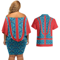 Blue Turkish Traditional Pattern and Red Couples Matching Off Shoulder Short Dress and Hawaiian Shirt with National Flag Emblem