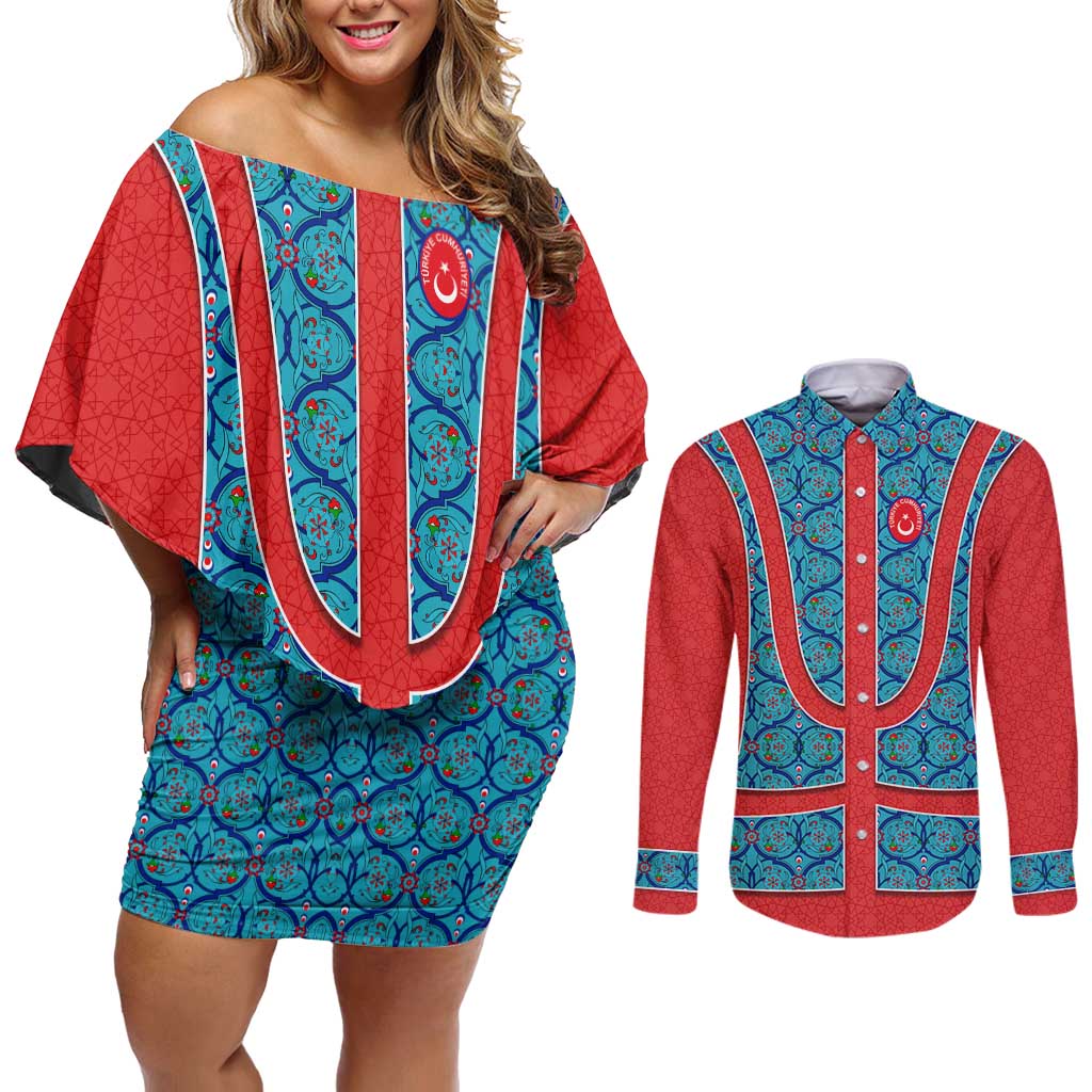 Blue Turkish Traditional Pattern and Red Couples Matching Off Shoulder Short Dress and Long Sleeve Button Shirt with National Flag Emblem