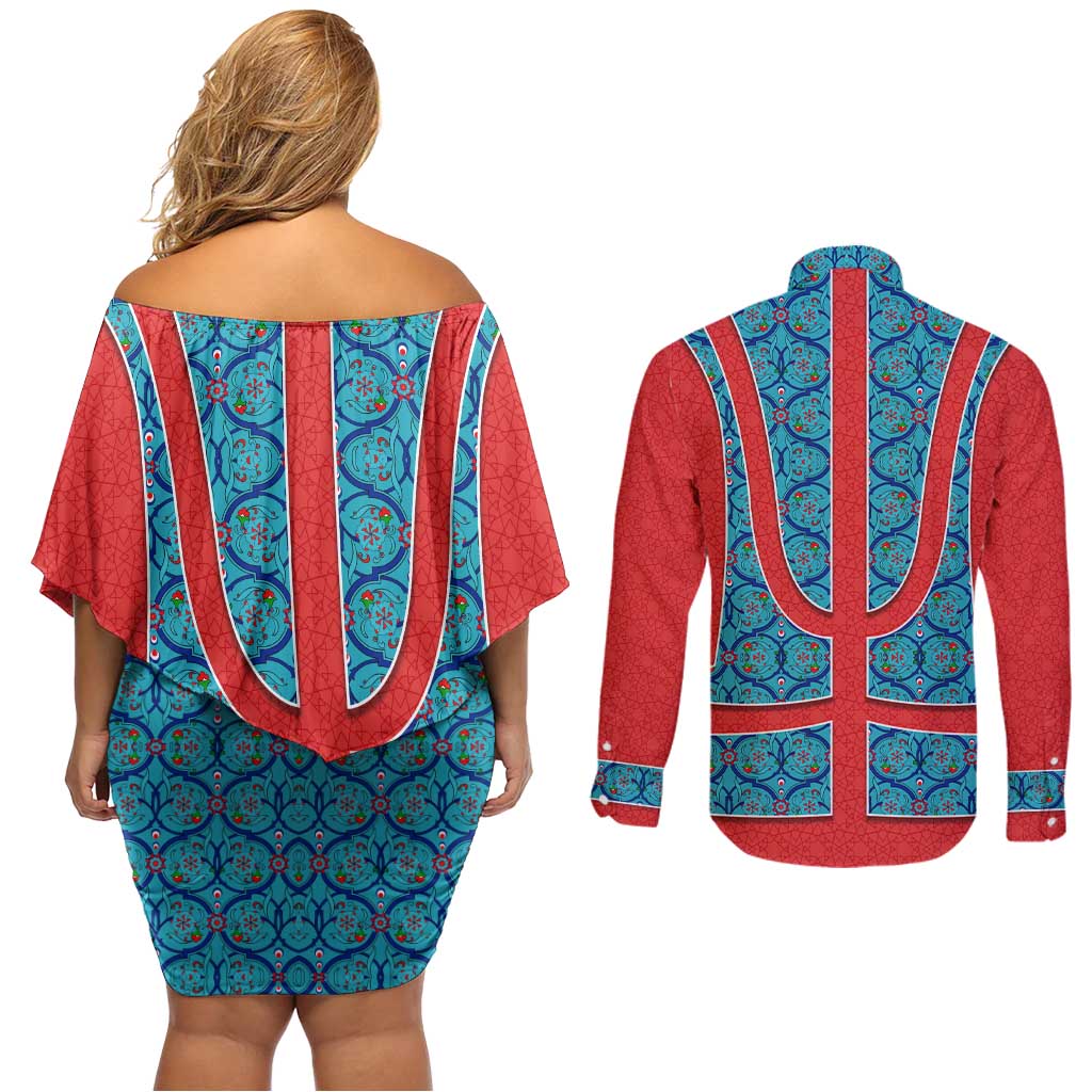 Blue Turkish Traditional Pattern and Red Couples Matching Off Shoulder Short Dress and Long Sleeve Button Shirt with National Flag Emblem