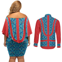 Blue Turkish Traditional Pattern and Red Couples Matching Off Shoulder Short Dress and Long Sleeve Button Shirt with National Flag Emblem