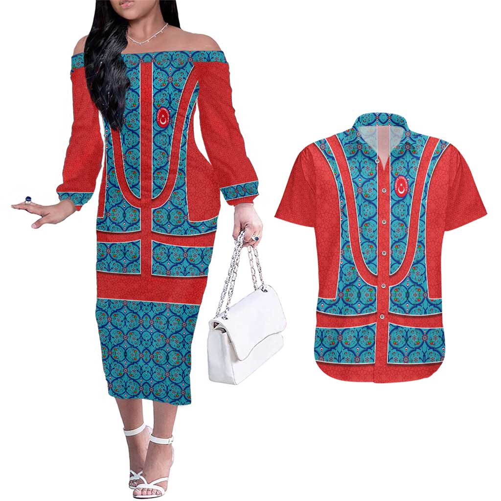 Blue Turkish Traditional Pattern and Red Couples Matching Off The Shoulder Long Sleeve Dress and Hawaiian Shirt with National Flag Emblem