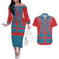 Blue Turkish Traditional Pattern and Red Couples Matching Off The Shoulder Long Sleeve Dress and Hawaiian Shirt with National Flag Emblem