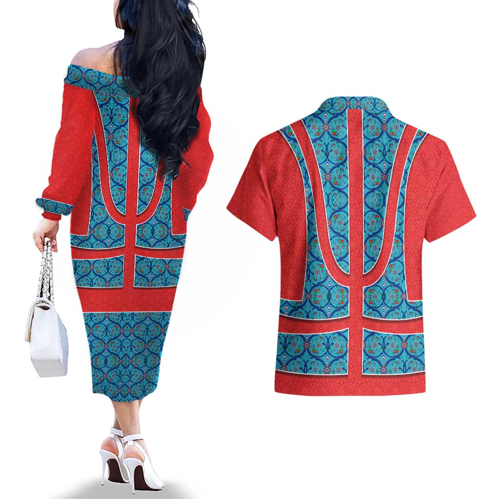 Blue Turkish Traditional Pattern and Red Couples Matching Off The Shoulder Long Sleeve Dress and Hawaiian Shirt with National Flag Emblem
