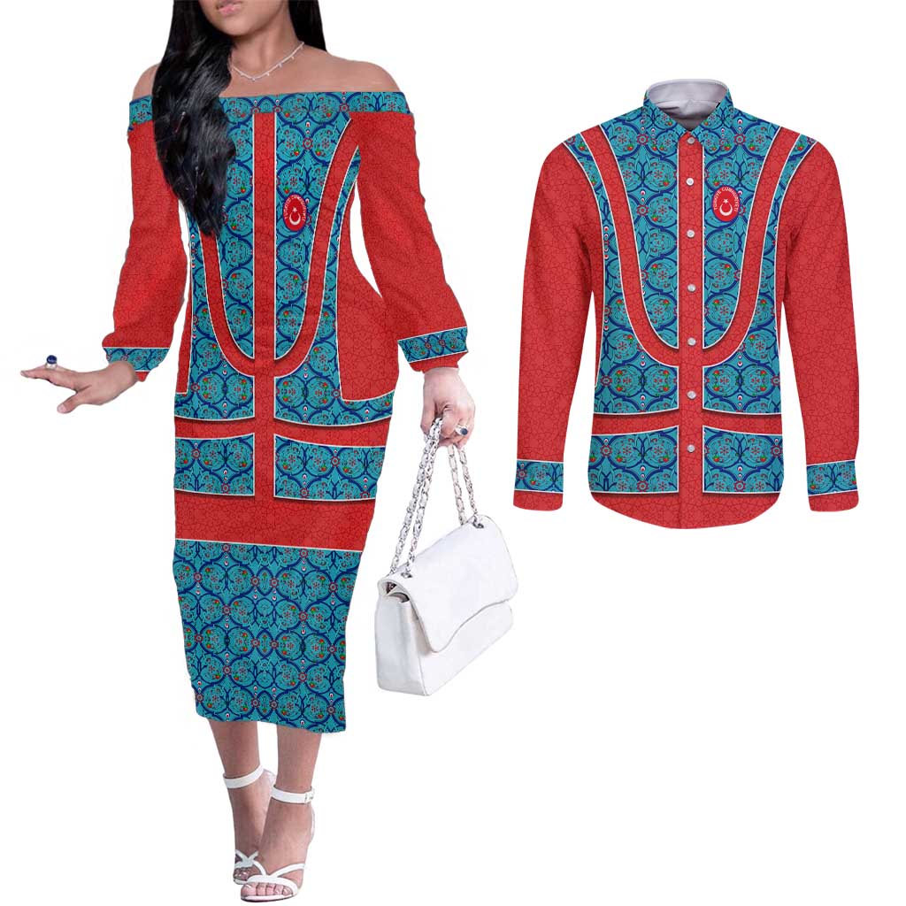 Blue Turkish Traditional Pattern and Red Couples Matching Off The Shoulder Long Sleeve Dress and Long Sleeve Button Shirt with National Flag Emblem