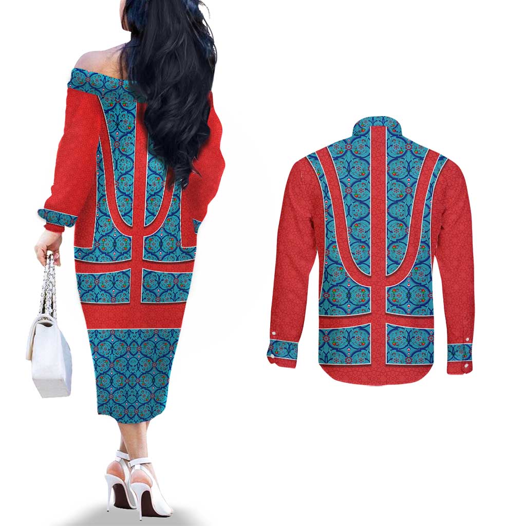Blue Turkish Traditional Pattern and Red Couples Matching Off The Shoulder Long Sleeve Dress and Long Sleeve Button Shirt with National Flag Emblem