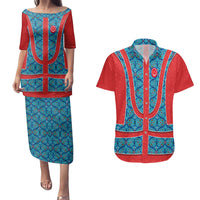 Blue Turkish Traditional Pattern and Red Couples Matching Puletasi and Hawaiian Shirt with National Flag Emblem