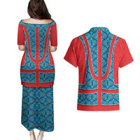 Blue Turkish Traditional Pattern and Red Couples Matching Puletasi and Hawaiian Shirt with National Flag Emblem