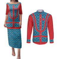 Blue Turkish Traditional Pattern and Red Couples Matching Puletasi and Long Sleeve Button Shirt with National Flag Emblem