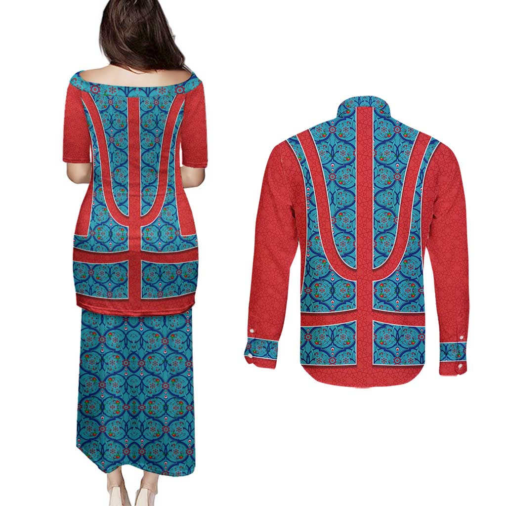 Blue Turkish Traditional Pattern and Red Couples Matching Puletasi and Long Sleeve Button Shirt with National Flag Emblem