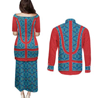 Blue Turkish Traditional Pattern and Red Couples Matching Puletasi and Long Sleeve Button Shirt with National Flag Emblem