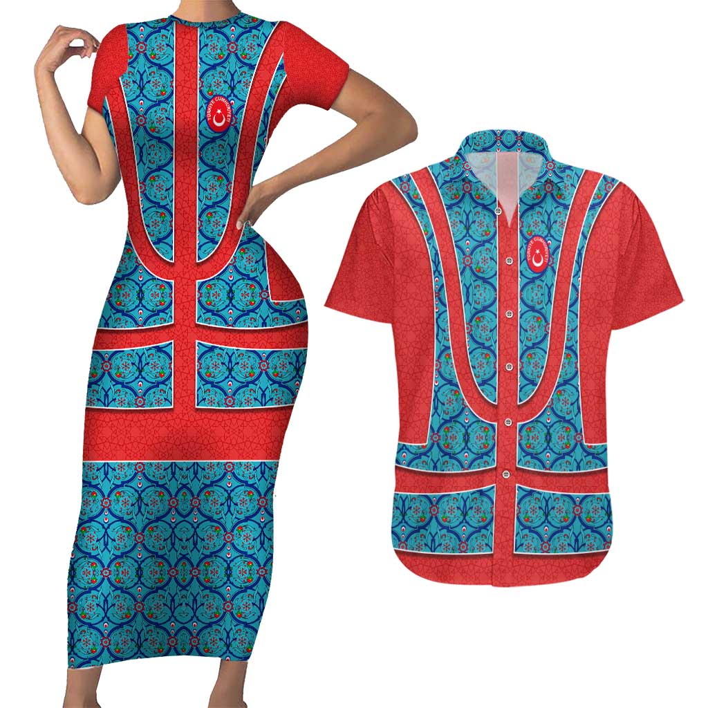 Blue Turkish Traditional Pattern and Red Couples Matching Short Sleeve Bodycon Dress and Hawaiian Shirt with National Flag Emblem