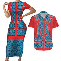 Blue Turkish Traditional Pattern and Red Couples Matching Short Sleeve Bodycon Dress and Hawaiian Shirt with National Flag Emblem