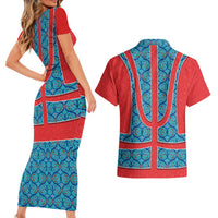 Blue Turkish Traditional Pattern and Red Couples Matching Short Sleeve Bodycon Dress and Hawaiian Shirt with National Flag Emblem
