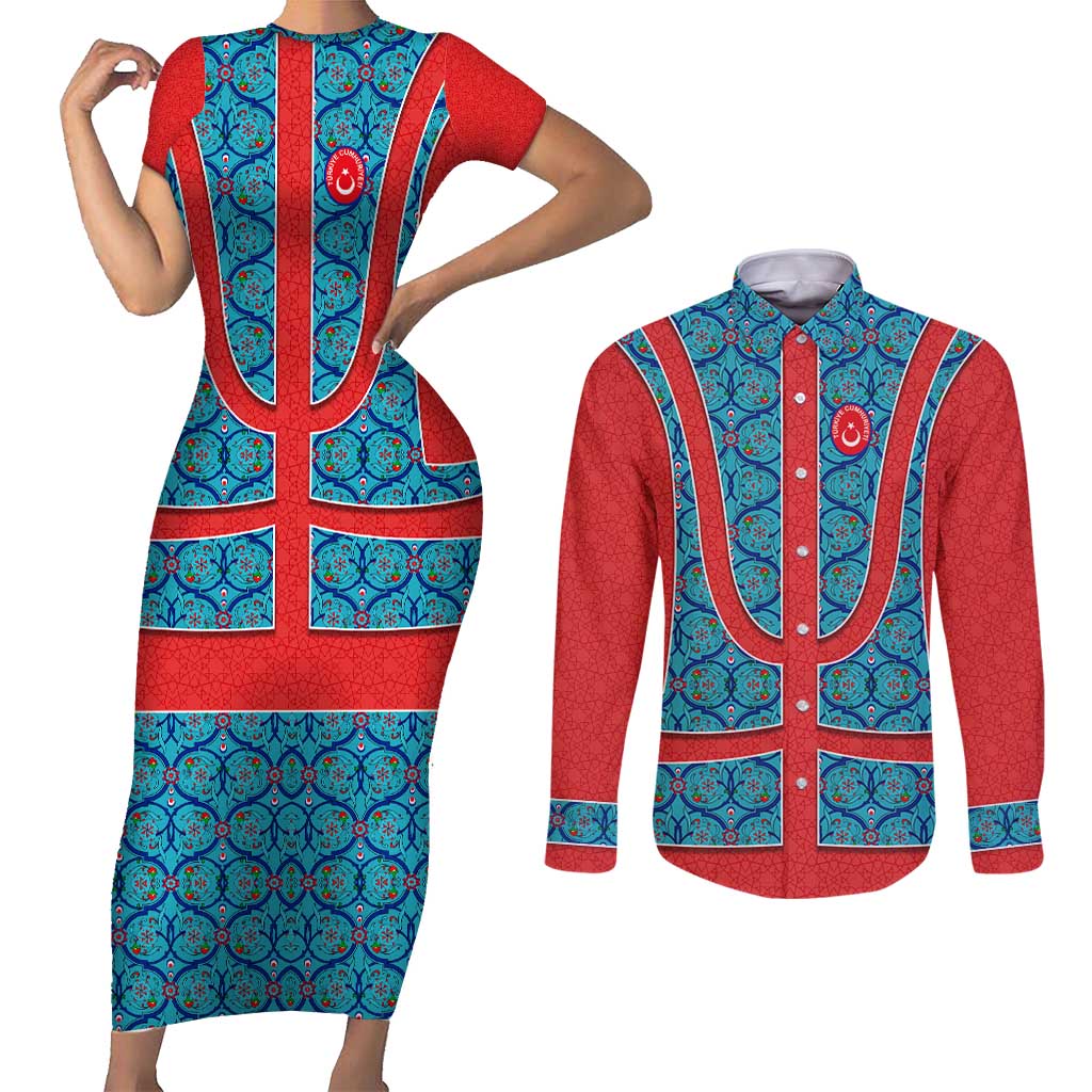 Blue Turkish Traditional Pattern and Red Couples Matching Short Sleeve Bodycon Dress and Long Sleeve Button Shirt with National Flag Emblem