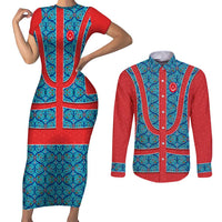 Blue Turkish Traditional Pattern and Red Couples Matching Short Sleeve Bodycon Dress and Long Sleeve Button Shirt with National Flag Emblem