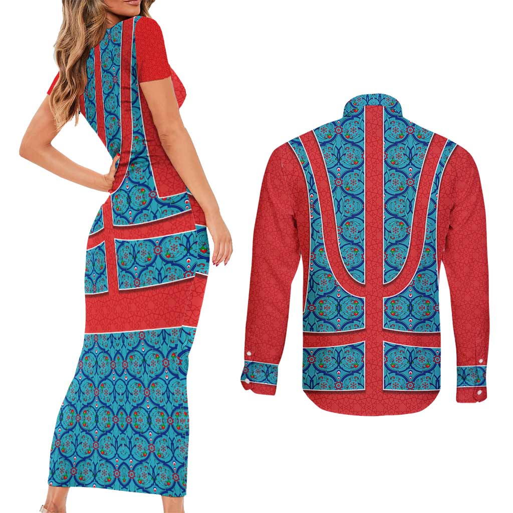Blue Turkish Traditional Pattern and Red Couples Matching Short Sleeve Bodycon Dress and Long Sleeve Button Shirt with National Flag Emblem