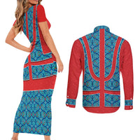 Blue Turkish Traditional Pattern and Red Couples Matching Short Sleeve Bodycon Dress and Long Sleeve Button Shirt with National Flag Emblem