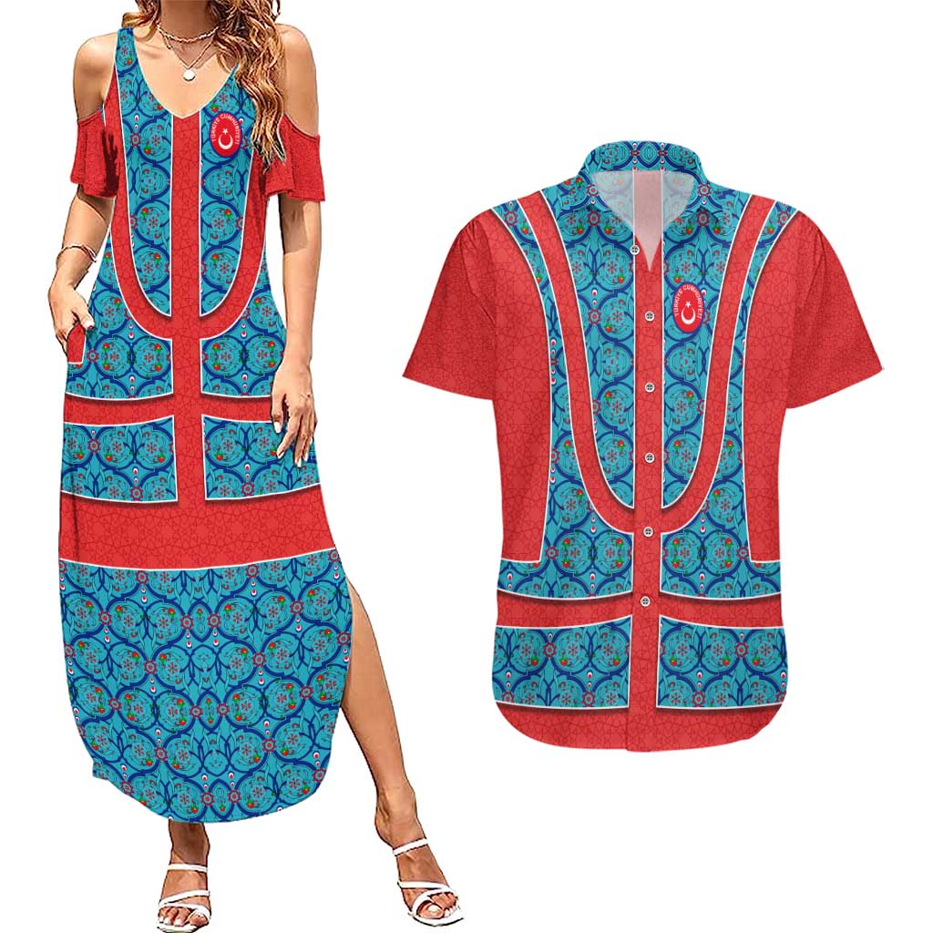 Blue Turkish Traditional Pattern and Red Couples Matching Summer Maxi Dress and Hawaiian Shirt with National Flag Emblem