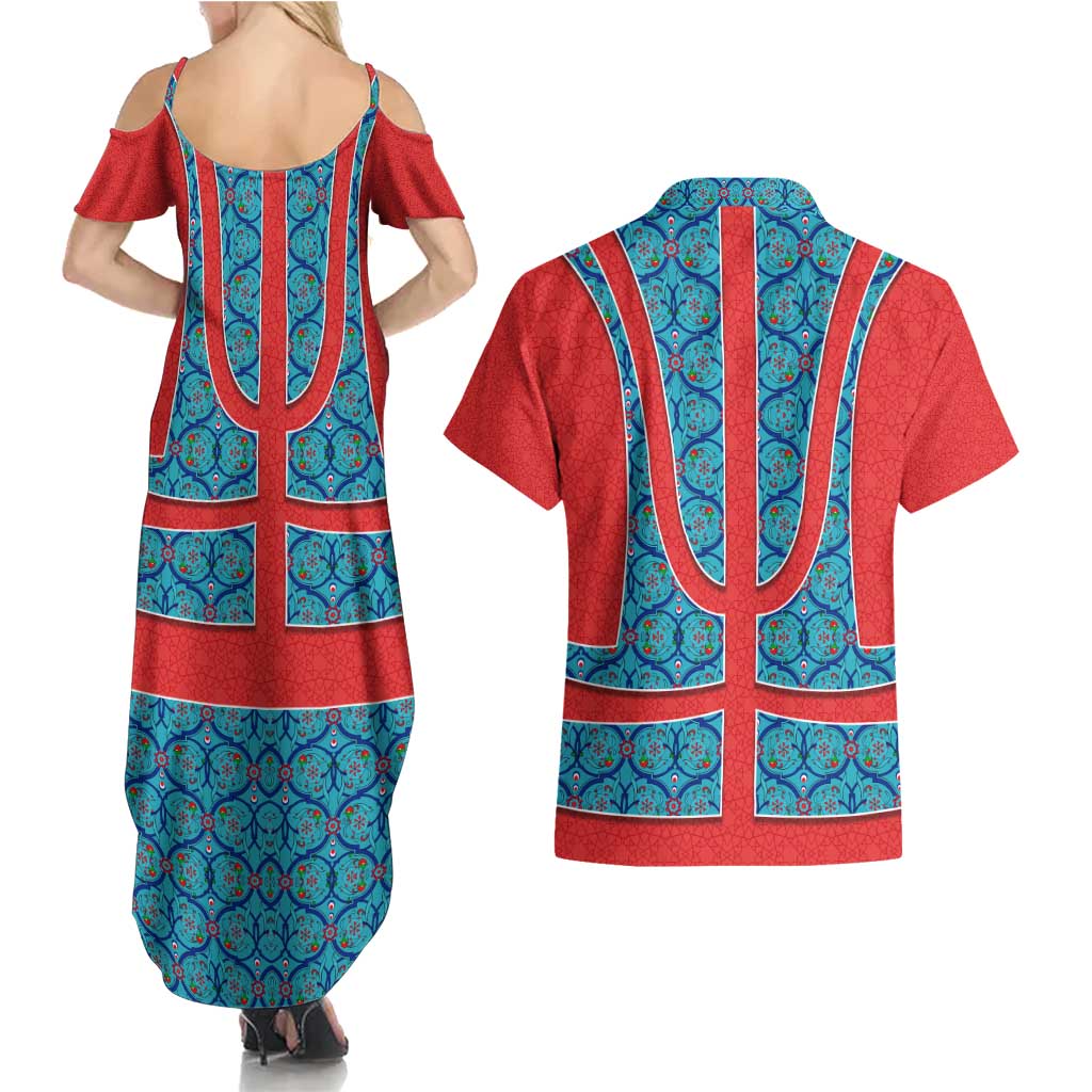 Blue Turkish Traditional Pattern and Red Couples Matching Summer Maxi Dress and Hawaiian Shirt with National Flag Emblem