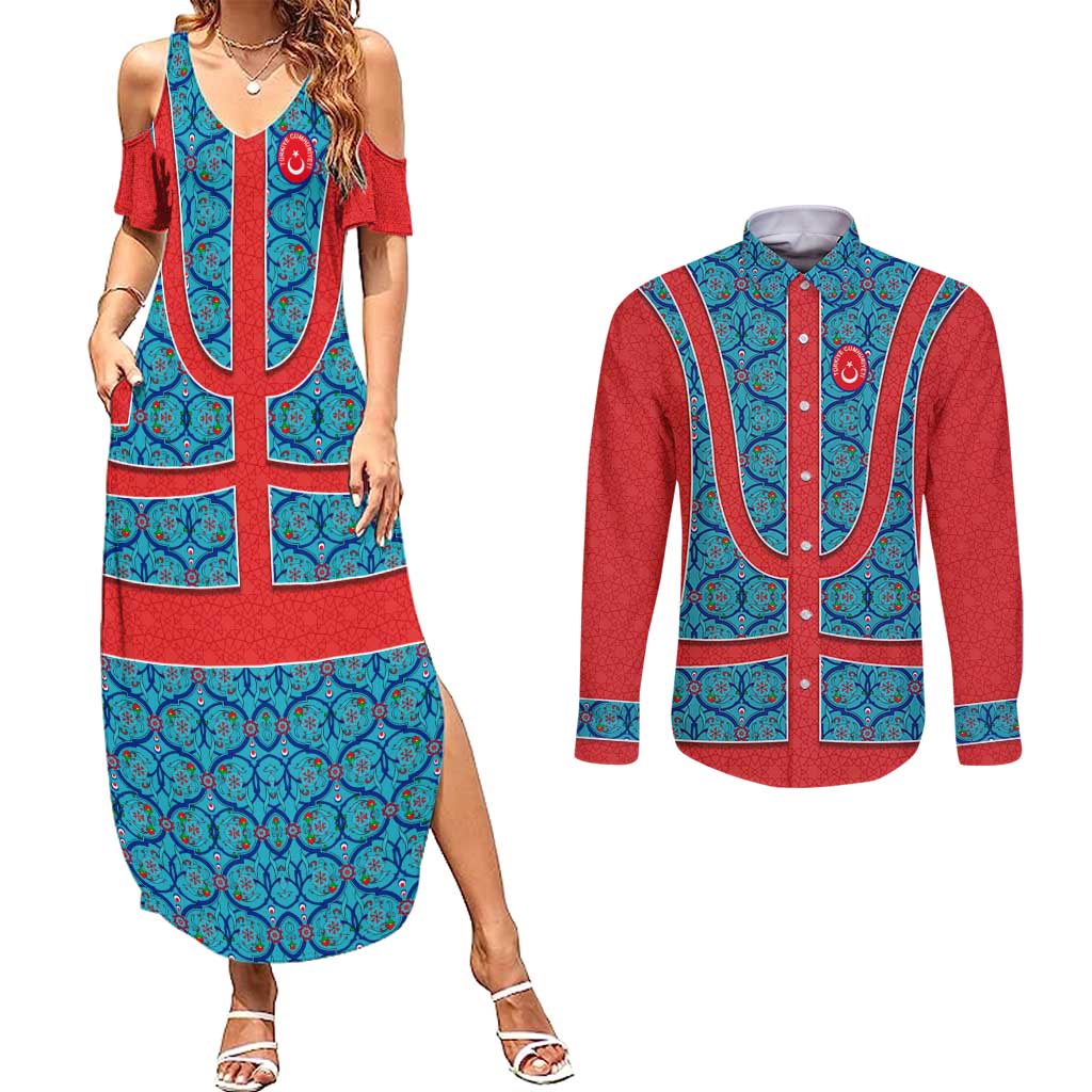 Blue Turkish Traditional Pattern and Red Couples Matching Summer Maxi Dress and Long Sleeve Button Shirt with National Flag Emblem