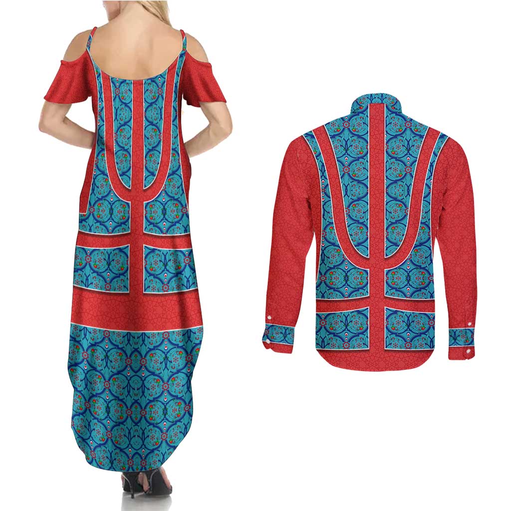 Blue Turkish Traditional Pattern and Red Couples Matching Summer Maxi Dress and Long Sleeve Button Shirt with National Flag Emblem