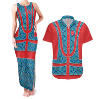 Blue Turkish Traditional Pattern and Red Couples Matching Tank Maxi Dress and Hawaiian Shirt with National Flag Emblem