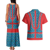Blue Turkish Traditional Pattern and Red Couples Matching Tank Maxi Dress and Hawaiian Shirt with National Flag Emblem