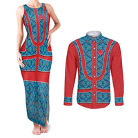 Blue Turkish Traditional Pattern and Red Couples Matching Tank Maxi Dress and Long Sleeve Button Shirt with National Flag Emblem