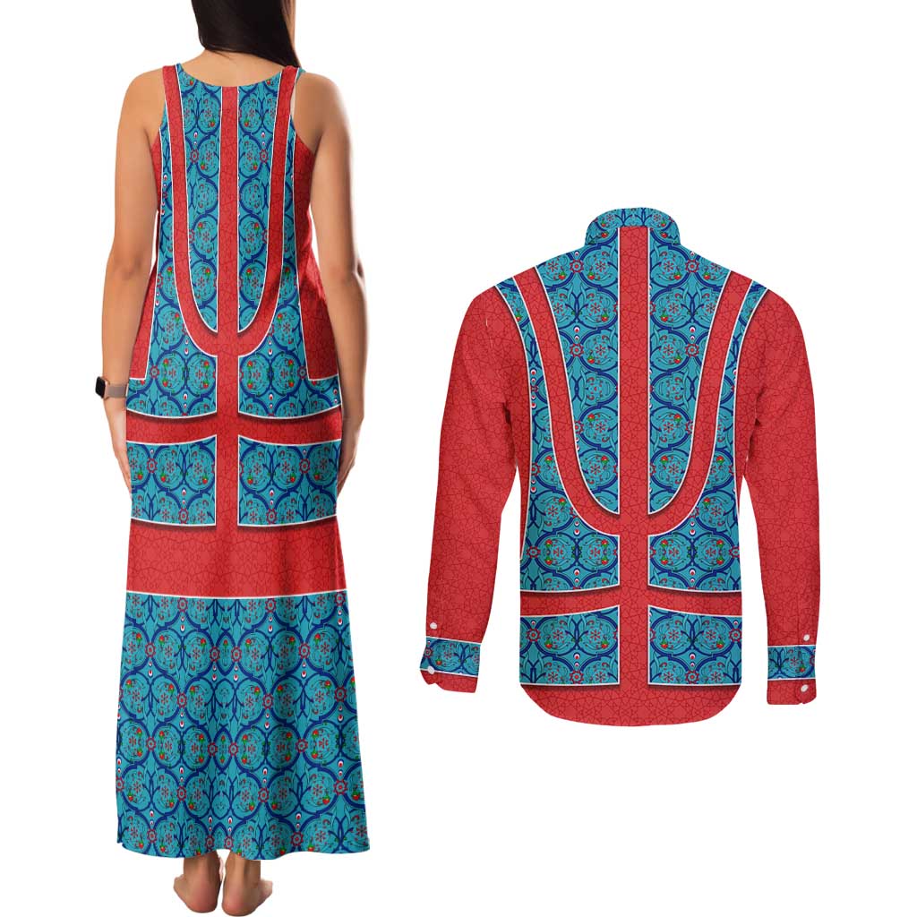 Blue Turkish Traditional Pattern and Red Couples Matching Tank Maxi Dress and Long Sleeve Button Shirt with National Flag Emblem