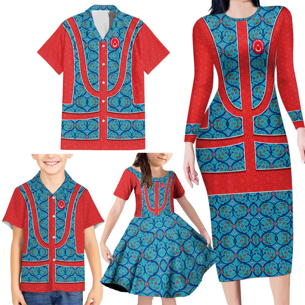 Blue Turkish Traditional Pattern and Red Family Matching Long Sleeve Bodycon Dress and Hawaiian Shirt with National Flag Emblem