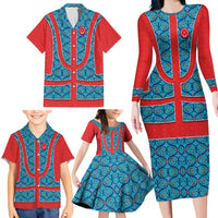 Blue Turkish Traditional Pattern and Red Family Matching Long Sleeve Bodycon Dress and Hawaiian Shirt with National Flag Emblem