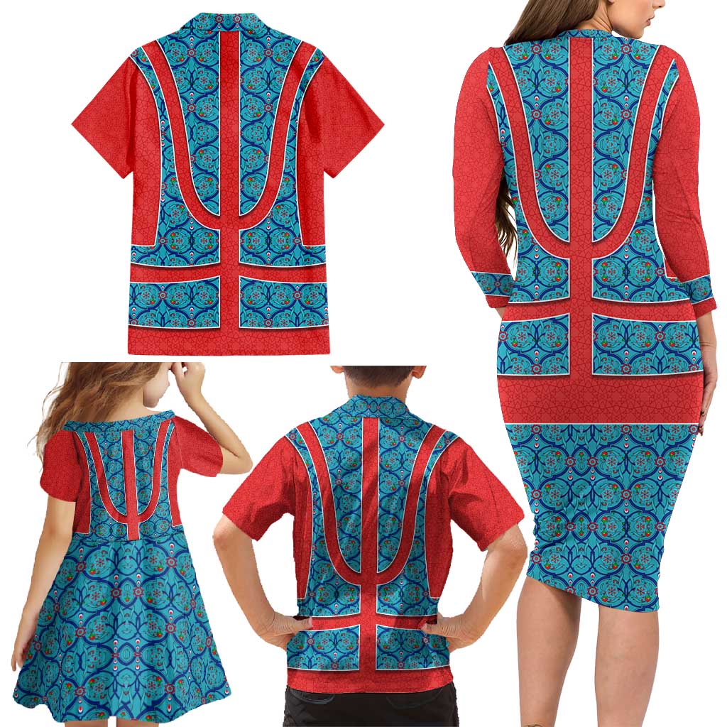 Blue Turkish Traditional Pattern and Red Family Matching Long Sleeve Bodycon Dress and Hawaiian Shirt with National Flag Emblem