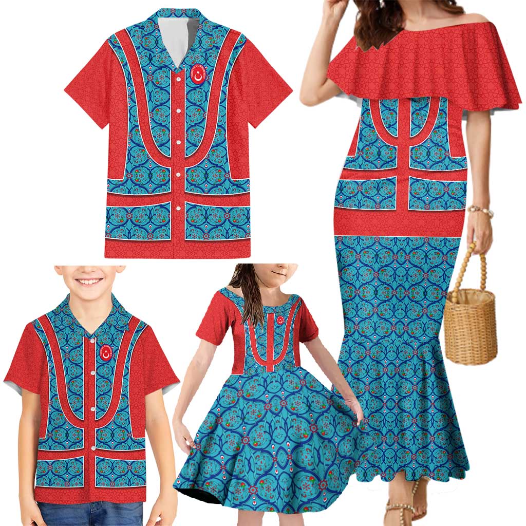 Blue Turkish Traditional Pattern and Red Family Matching Mermaid Dress and Hawaiian Shirt with National Flag Emblem