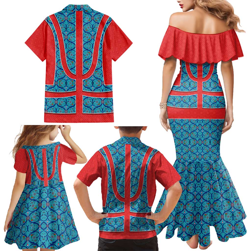 Blue Turkish Traditional Pattern and Red Family Matching Mermaid Dress and Hawaiian Shirt with National Flag Emblem