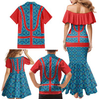 Blue Turkish Traditional Pattern and Red Family Matching Mermaid Dress and Hawaiian Shirt with National Flag Emblem