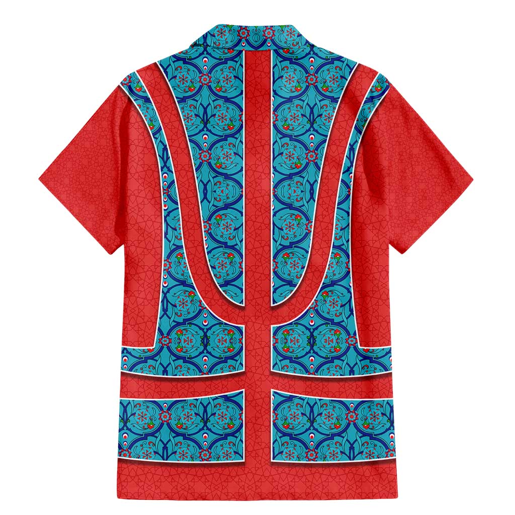 Blue Turkish Traditional Pattern and Red Family Matching Mermaid Dress and Hawaiian Shirt with National Flag Emblem