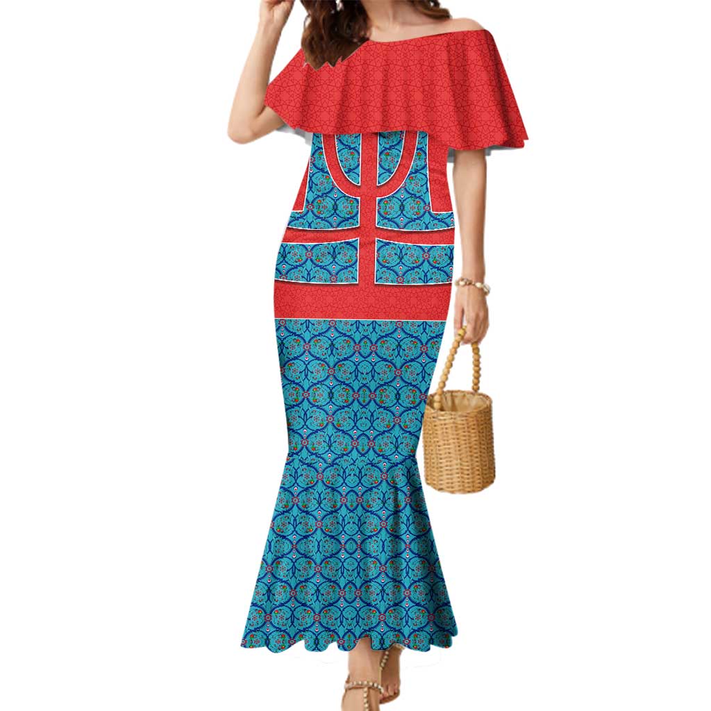 Blue Turkish Traditional Pattern and Red Family Matching Mermaid Dress and Hawaiian Shirt with National Flag Emblem