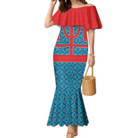 Blue Turkish Traditional Pattern and Red Family Matching Mermaid Dress and Hawaiian Shirt with National Flag Emblem