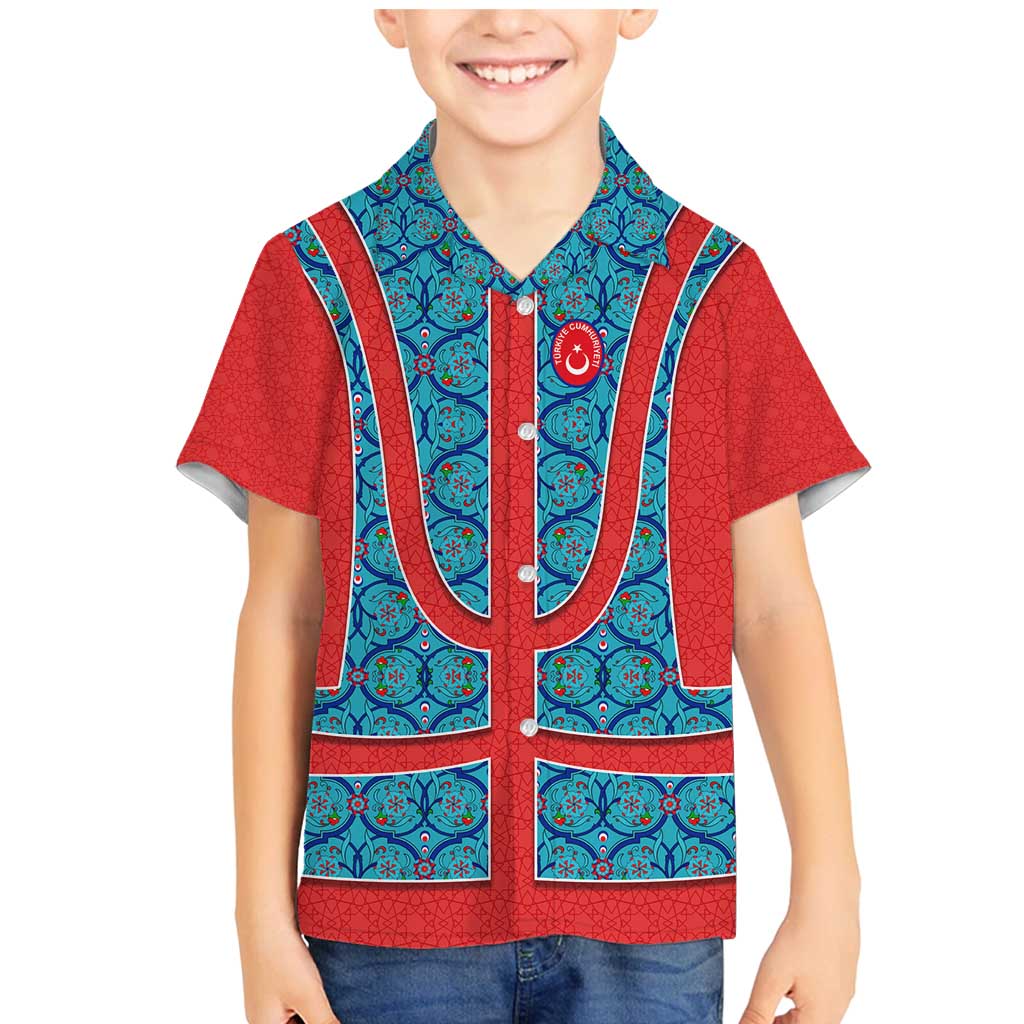 Blue Turkish Traditional Pattern and Red Family Matching Mermaid Dress and Hawaiian Shirt with National Flag Emblem